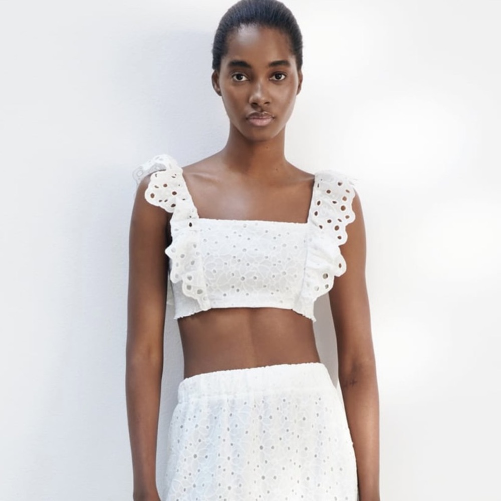 ZARA ruffle crop top openwork embroidery size XS (9878/083)